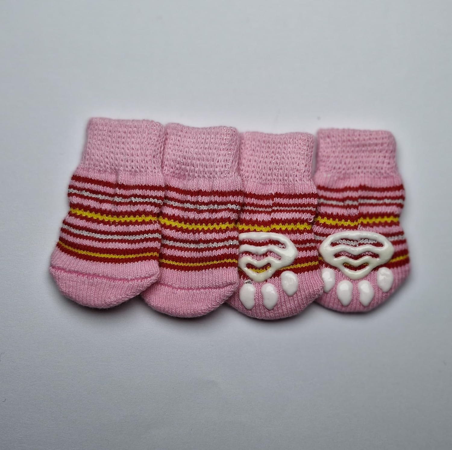 Kaymaz Tabanlı Köpek Çorabı (Pembe-Kırmızı Çizgili, S - Boy 6 cm, En 3 cm)