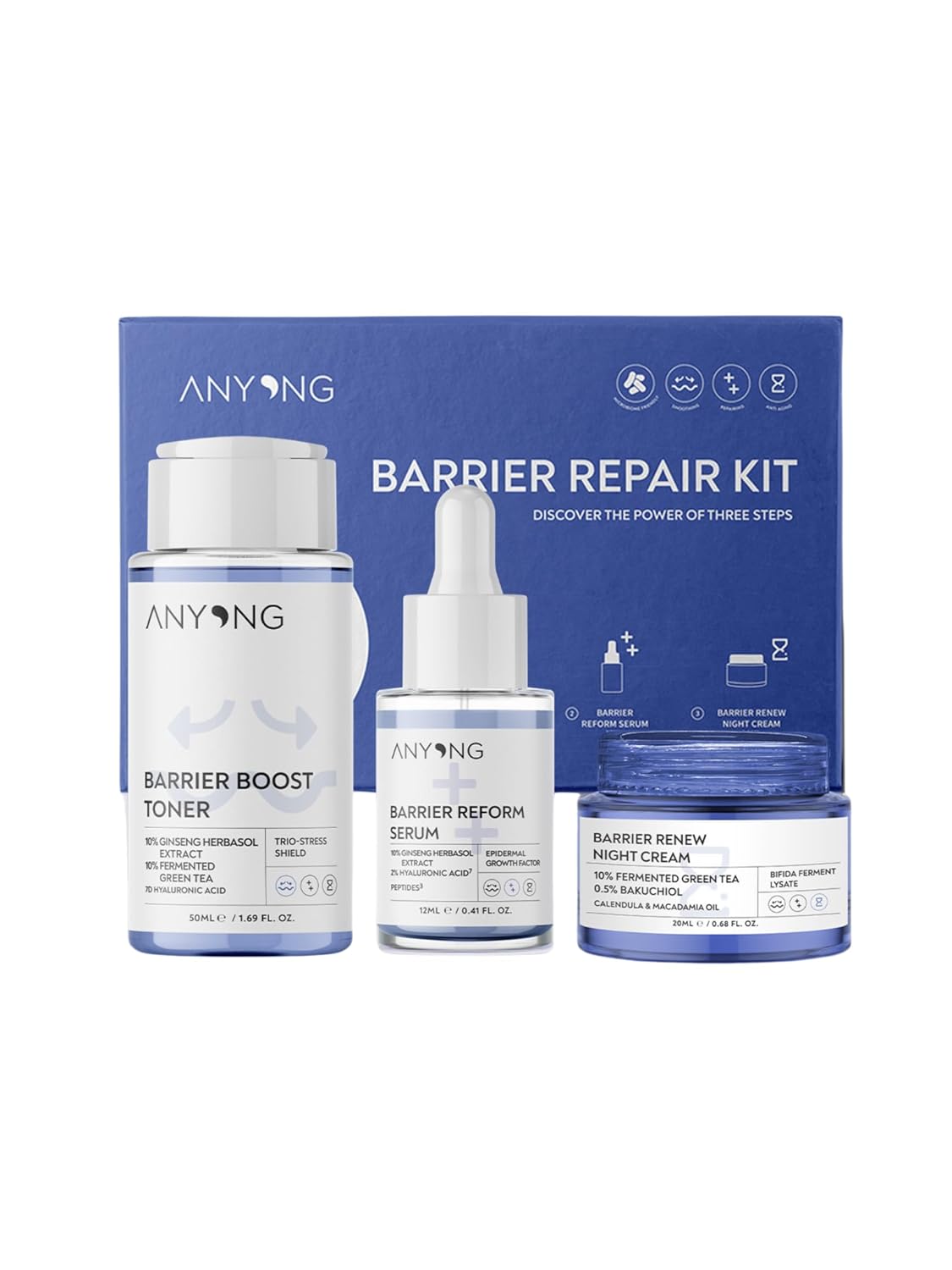 Anyong Bariyer Onarıcı, Nemlendirici Ve Canlandırıcı Cilt Bakım Kiti (TONİK, SERUM, KREM) Ginseng&yeşil Çay(50 ML + 12 ML + 20 ML)