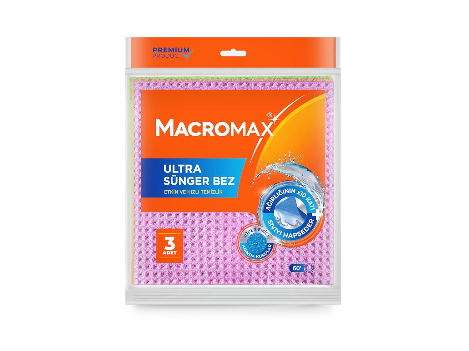 Macromax Ultra Sünger Bez 3'lü Paket, Ağırlığının 10 Katı Su Emen Yüksek Performanslı Mutfak Bezi