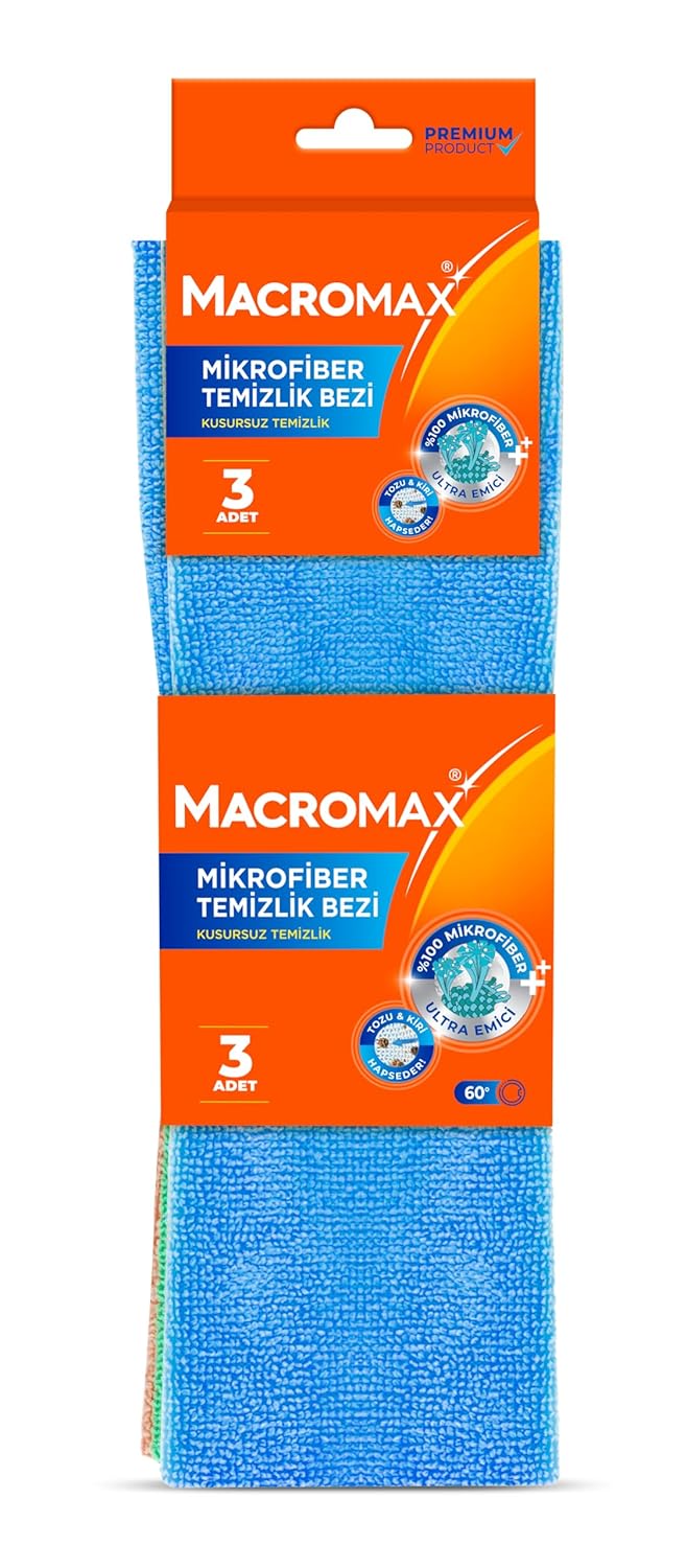Macromax Mikrofiber Temizlik Bezi 3'lü Paket, Ultra Emici Toz Alıcı Çok Amaçlı Yüzey Bezi