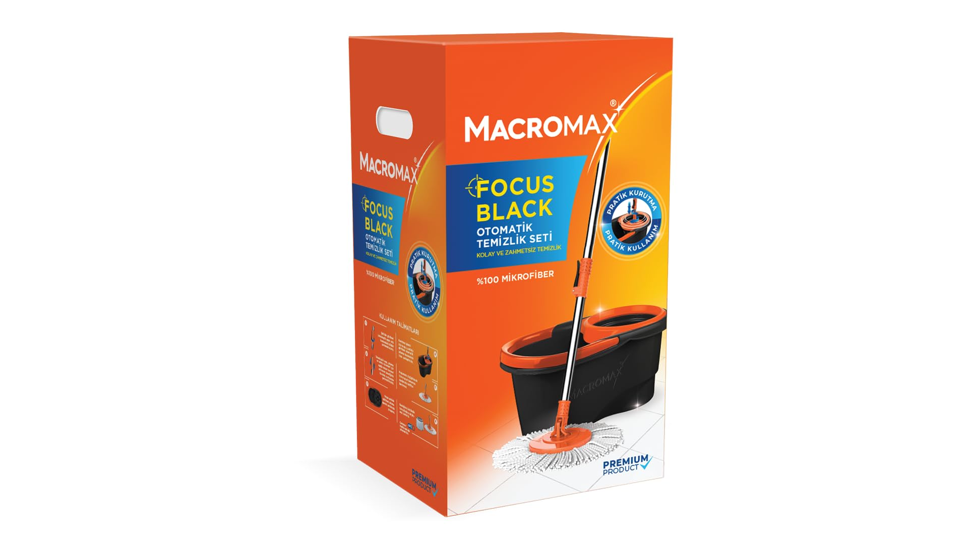 Macromax Focus Black Otomatik Temizlik Seti, Pedalsız Döner Sıkmalı 360 Başlıklı Mikrofiber Paspas