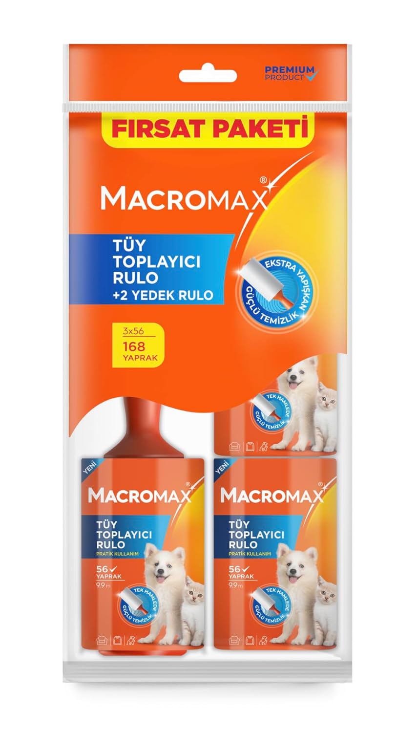 Macromax Tüy Toplayıcı Fırsat Paketi, 1 Rulo ve 2 Yedek Rulo (Toplam 168 Yaprak)