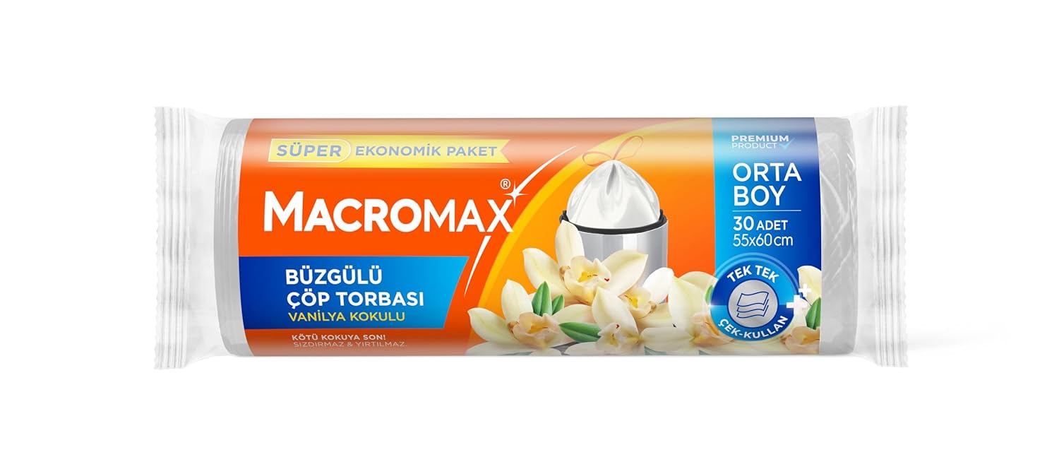 Macro Max Büzgülü Çöp Torbası Orta Boy (55x60cm) Vanilya Kokulu 30 Adet Süper Ekonomik Paket