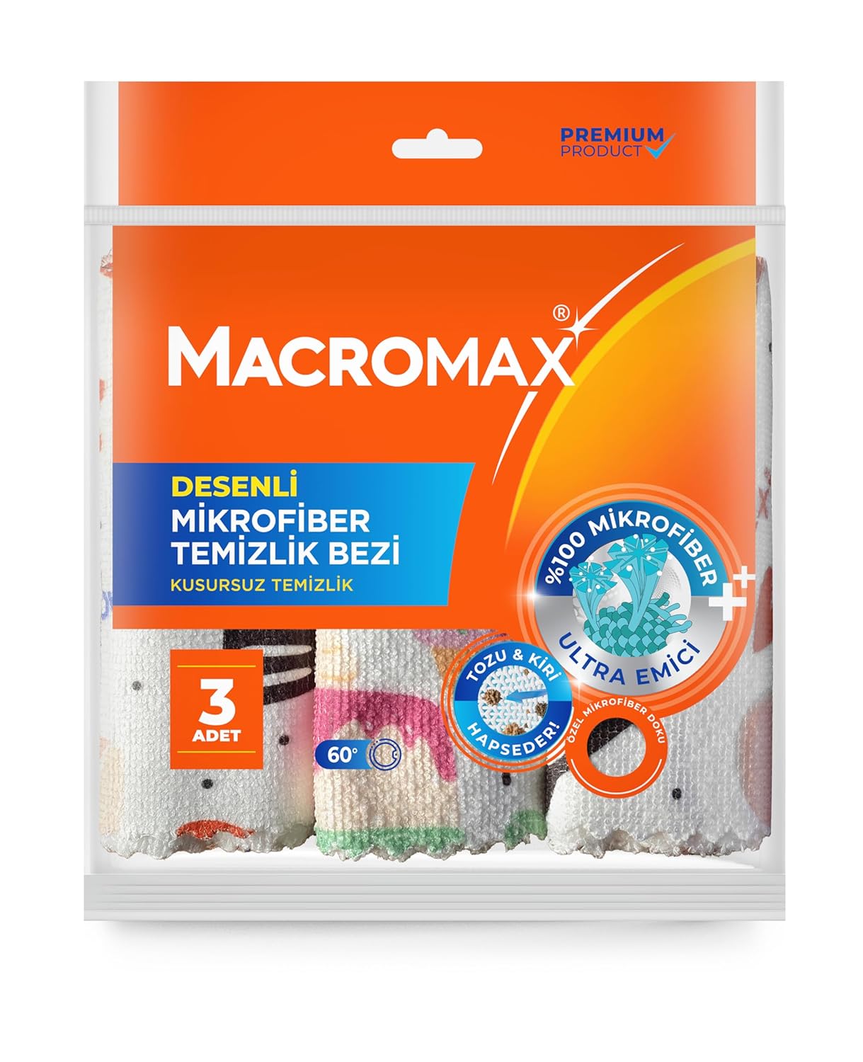 Macromax Desenli Mikrofiber Temizlik Bezi 3'lü Paket, Ultra Emici Toz Alıcı Çok Amaçlı Bez