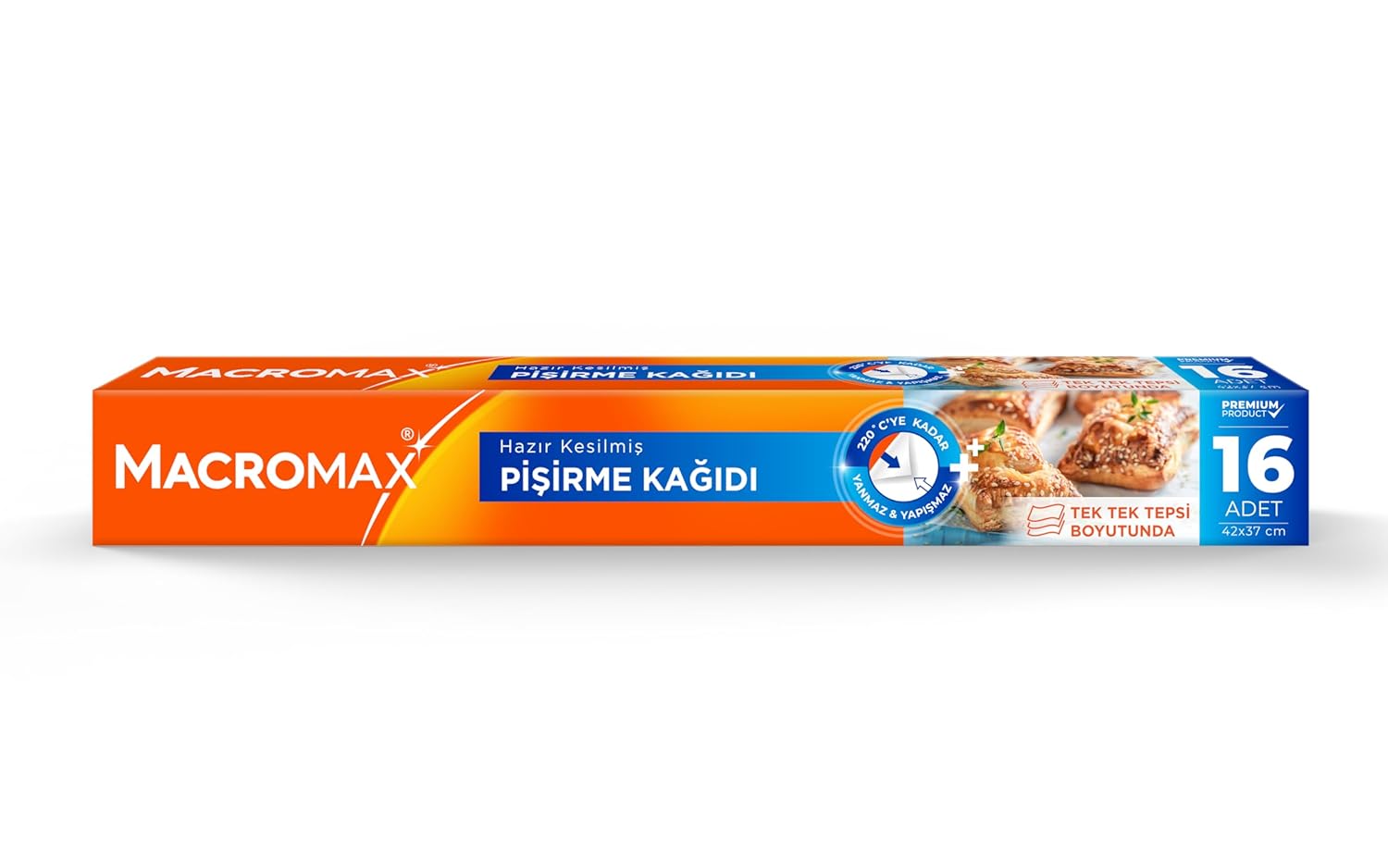 Macromax Hazır Kesilmiş Yağlı Pişirme Kağıdı 16 Adet, Standart Fırın Tepsisi Boyutu (42x37 cm)