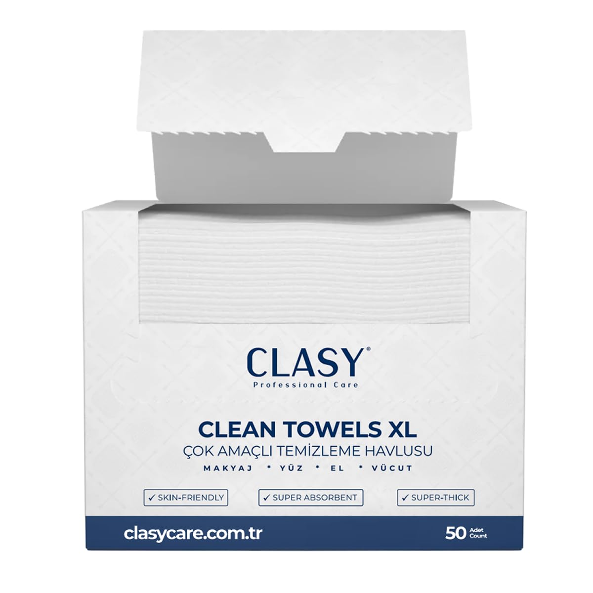 CLASYCARE Clean Towels XL – 50’li Tek Kullanımlık Yüz Havlusu | Ultra Yumuşak, Hijyenik Cilt Bakım ve Makyaj Temizleme Bezi | Hassas Ciltler İçin Dayanıklı ve Seyahat Dostu Bezler