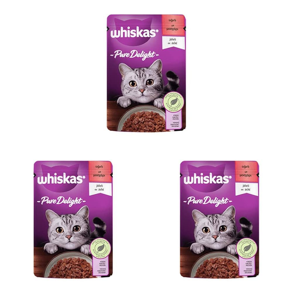 Whiskas Pouch Pure Delight Jöle İçinde Sığır Etli Yetişkin Kedi Konservesi 85 Gr 3lü paket