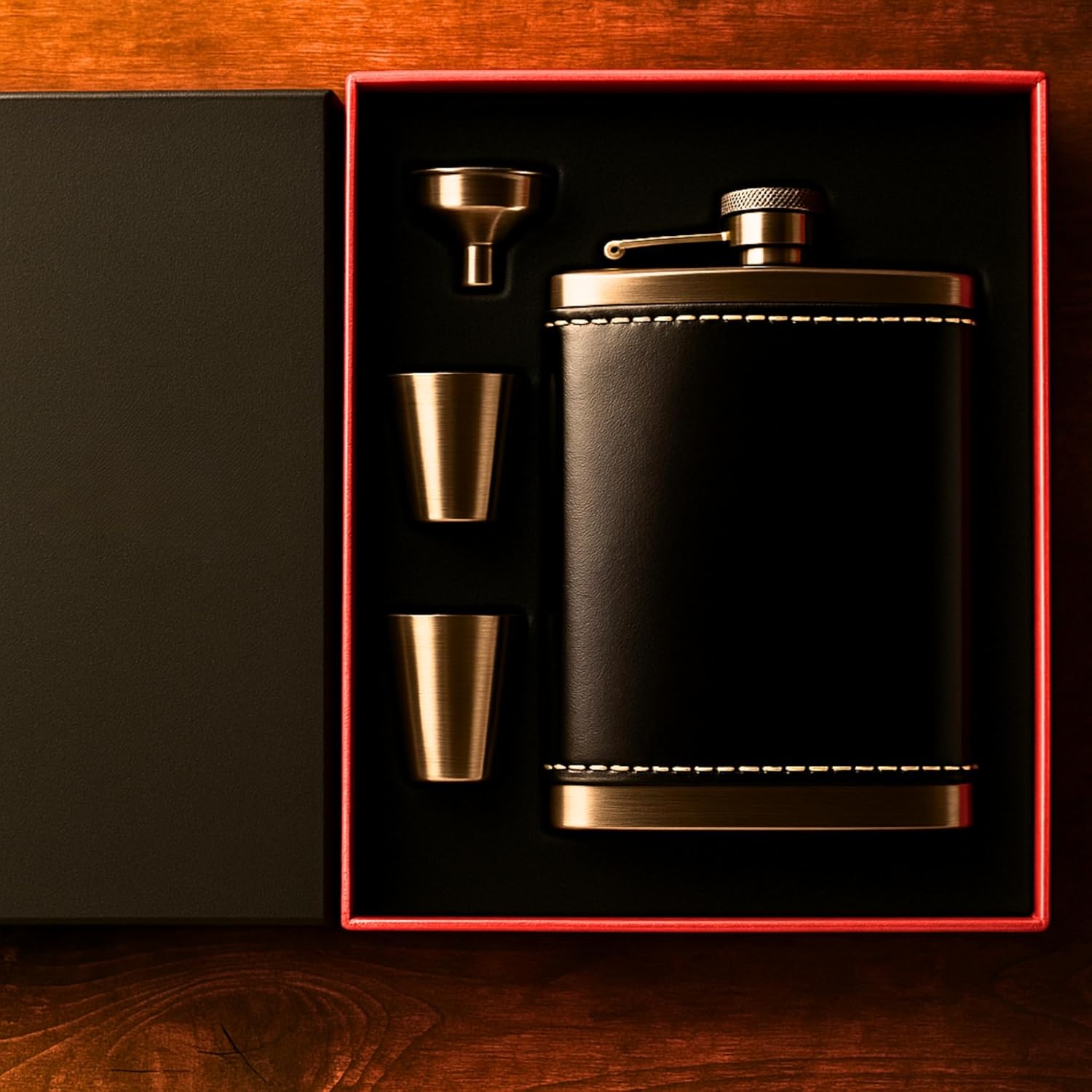 Perlotus 8 Oz 240 cc Rugan Siyah Hakiki Deri Viski Cep Matarası Shot Bardaklı Set Kutulu Babalar Günü Hediye