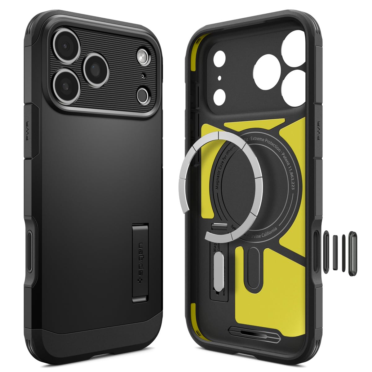 Spigen iPhone 17 Pro Max ile uyumlu Ekstra Dayanıklı MagSafe Kılıf Tough Armor Ai T Force Kamera Butonu Hava Kanalı Teknolojisi Askeri Sınıf Koruma MagFit KickStand Black Çift Katman Kapak - ACS09897