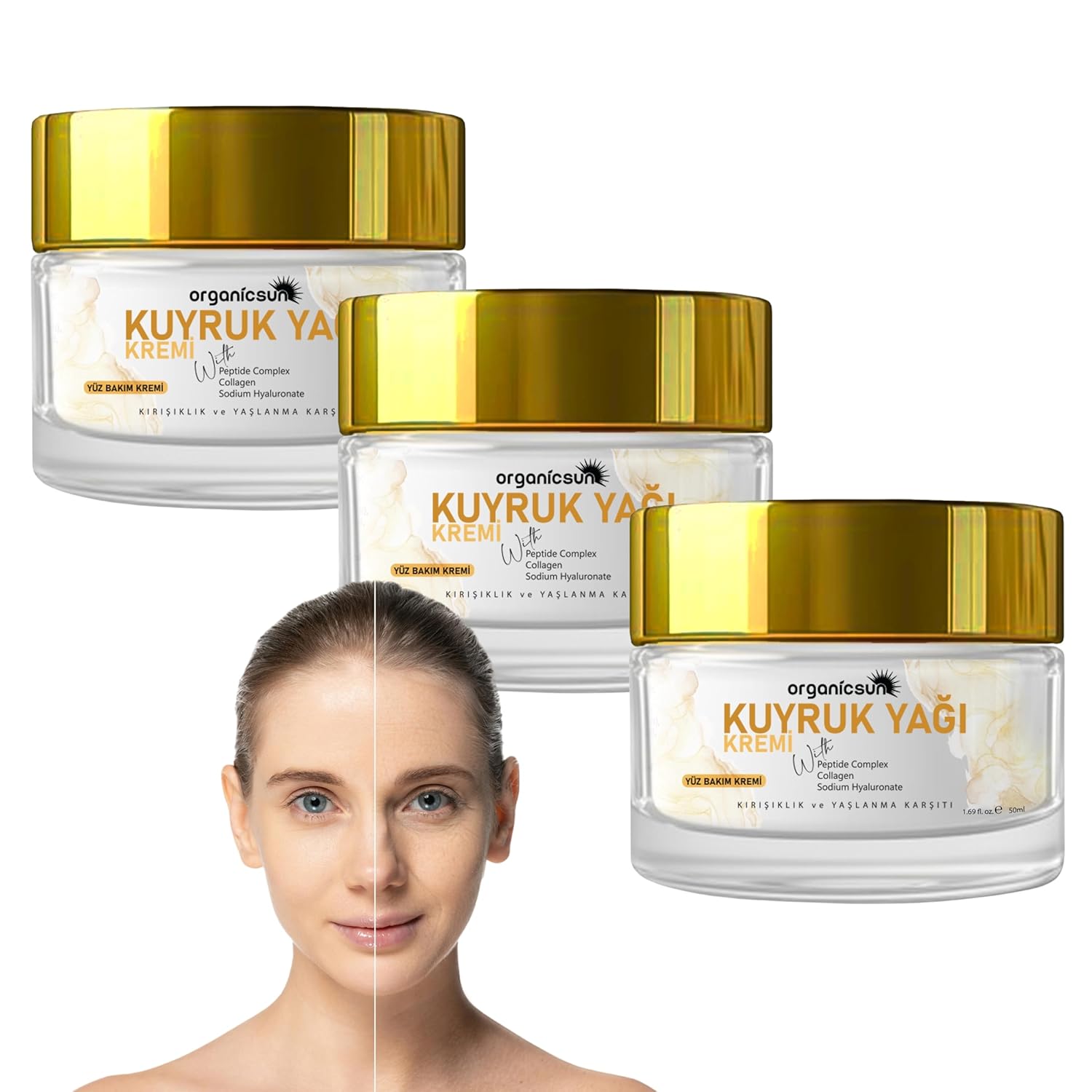 Organicsun Kuyruk Yağı Kremi 3'lü Set | Kırışıklık & Yaşlanma Karşıtı Anti Aging Yüz Bakım Kremi 50ml - Collagen İlaveli, Nemlendirici Etki