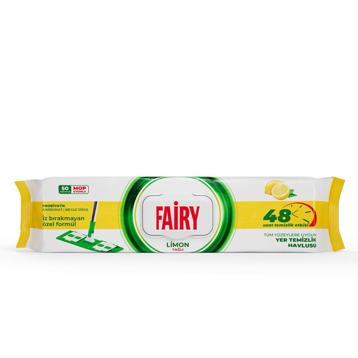 Fairy Çok Amaçlı Mop Uyumlu Yer Temizlik Havlusu 50 Yaprak | Limon Yağlı | Beyaz Sirke Karbonat | 48 Saat Temizlik Etkili | İz Bırakmayan Formül