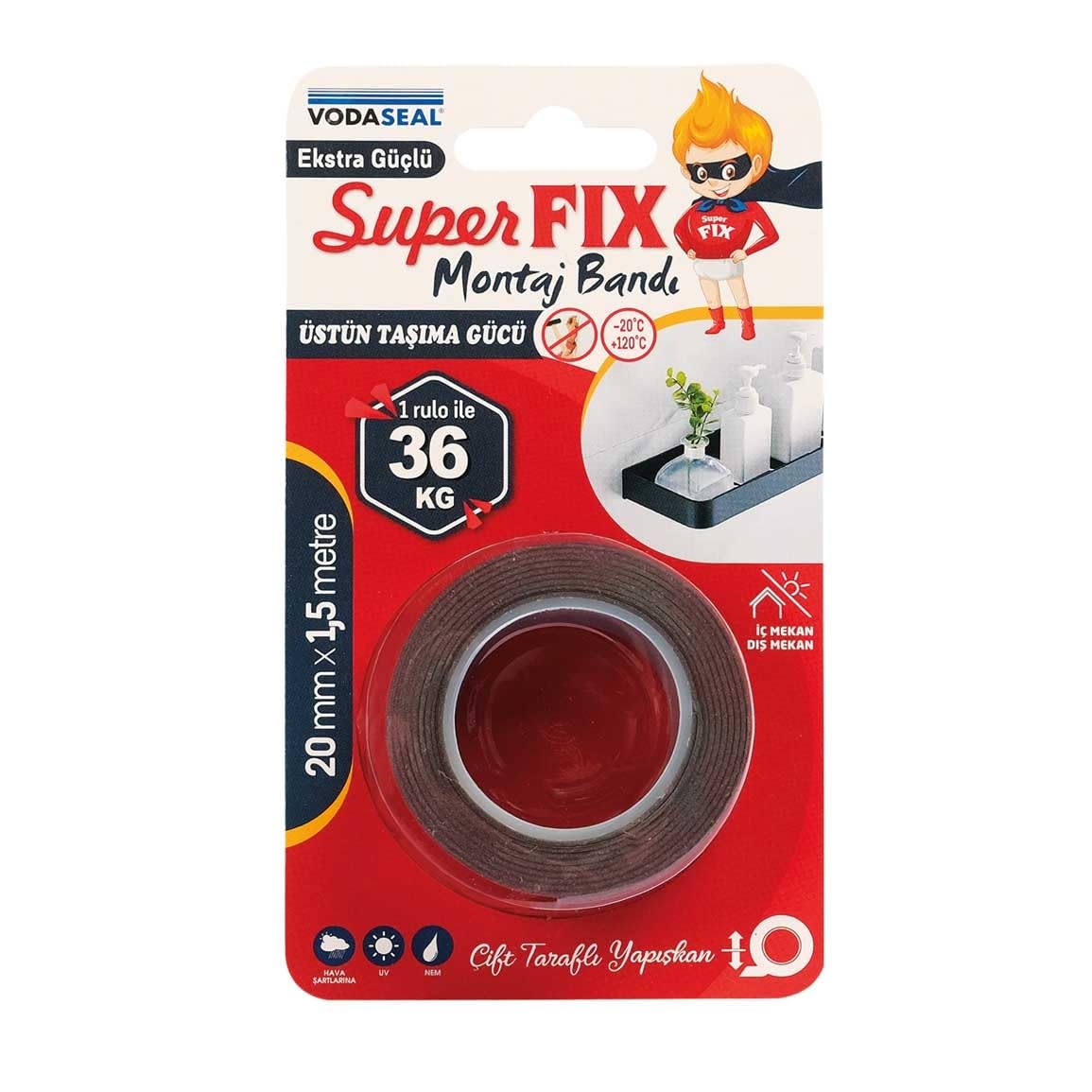 VODASEAL Superfix Montaj Bandı, 20 Milimetre x 1,5 Metre, Gri
