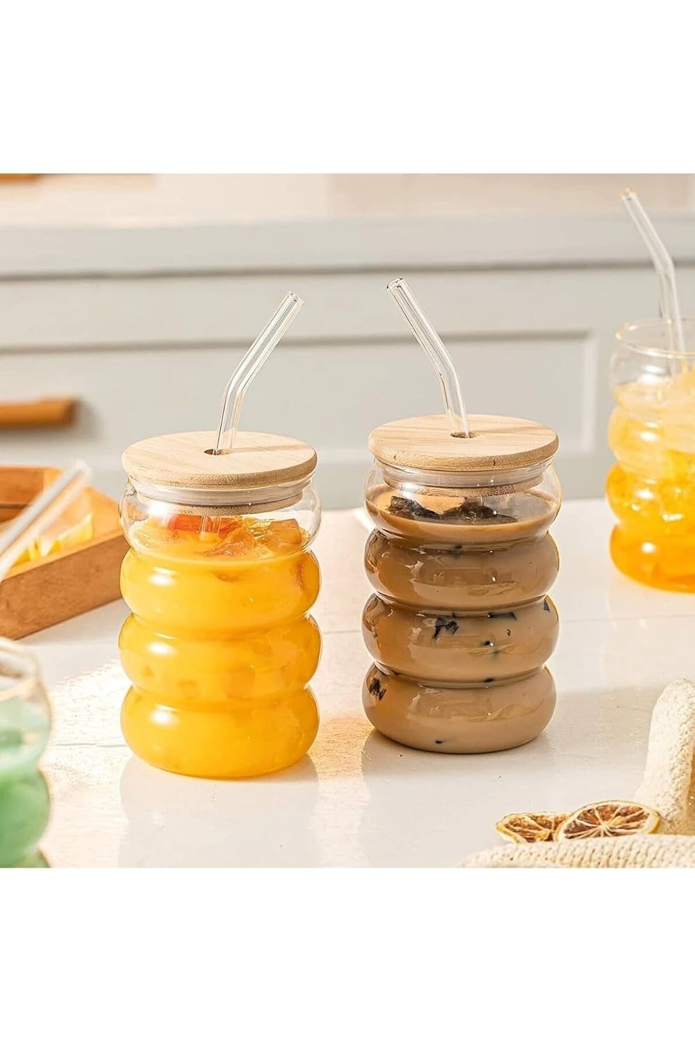 2 Adet Şeffaf Cam Pipetli Ahşap Kapaklı Isıya Dayanıklı Şeritli Boğumlu Bardak – Kahve ve Meyve Suyu İçin