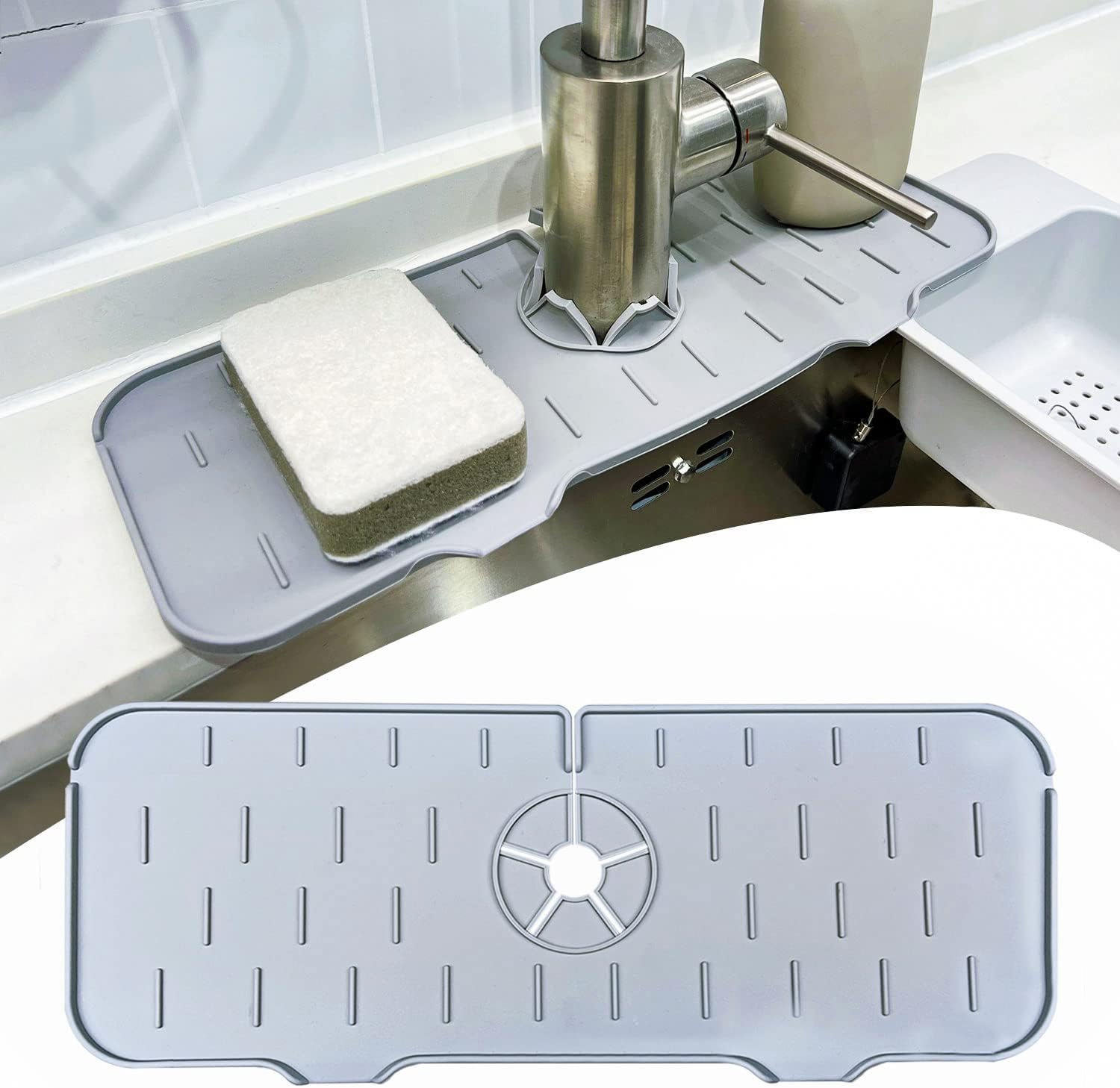 Kyrotech Silikon Musluk Sıçrama Önleyici Ped, Gri Su Tutucu Mat, Mutfak ve Banyo Tezgahı & Fayans Koruyucu, Lavabo Kenarı için Kaymaz Musluk Kapağı, Damlama Engelleyici Ped, 37 * 14 cm