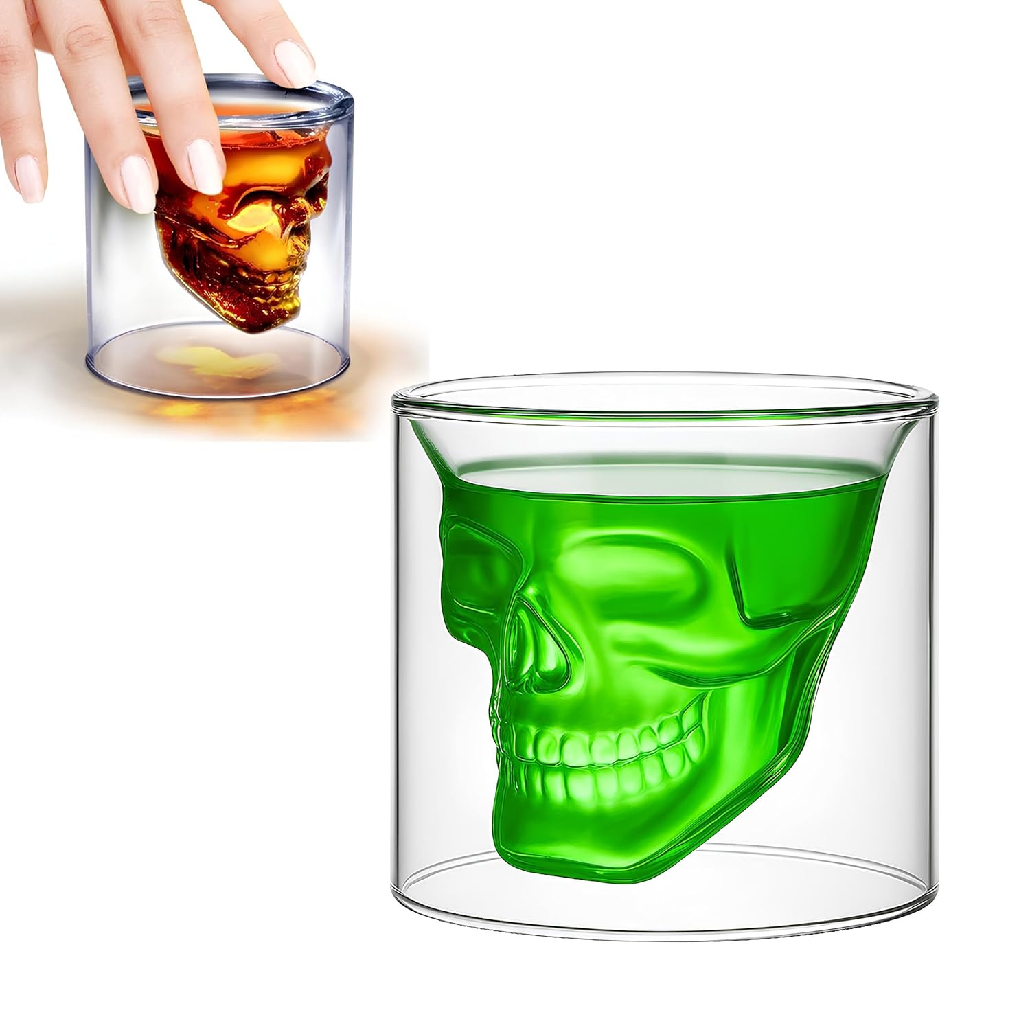 Kanji 75 ml 7x7 cm Çift Katmanlı Isıya Dayanıklı Şeffaf Kafatası Kurukafa Cam Bardak – Kristal Görünümlü Espresso, Kahve, İçki, Viski, Tequila, Votka, Şarap ve Bira Kupası – Parti & Hediye İçin İdeal