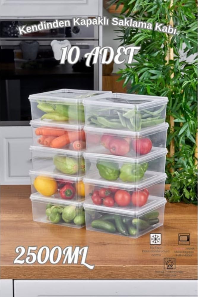 Arel - 10'lu Set Saklama Kabı, 10 Adet 2500ml Kare Şeffaf Kendinden Kapaklı Saklama Kabı, BPA İçerme