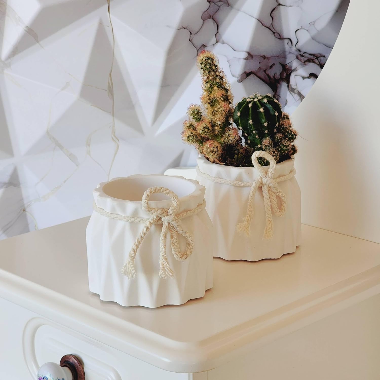 İkili Set, İskandinav Tarz Beyaz Beton Saksı - Minimal Dekoratif Saksı Seti