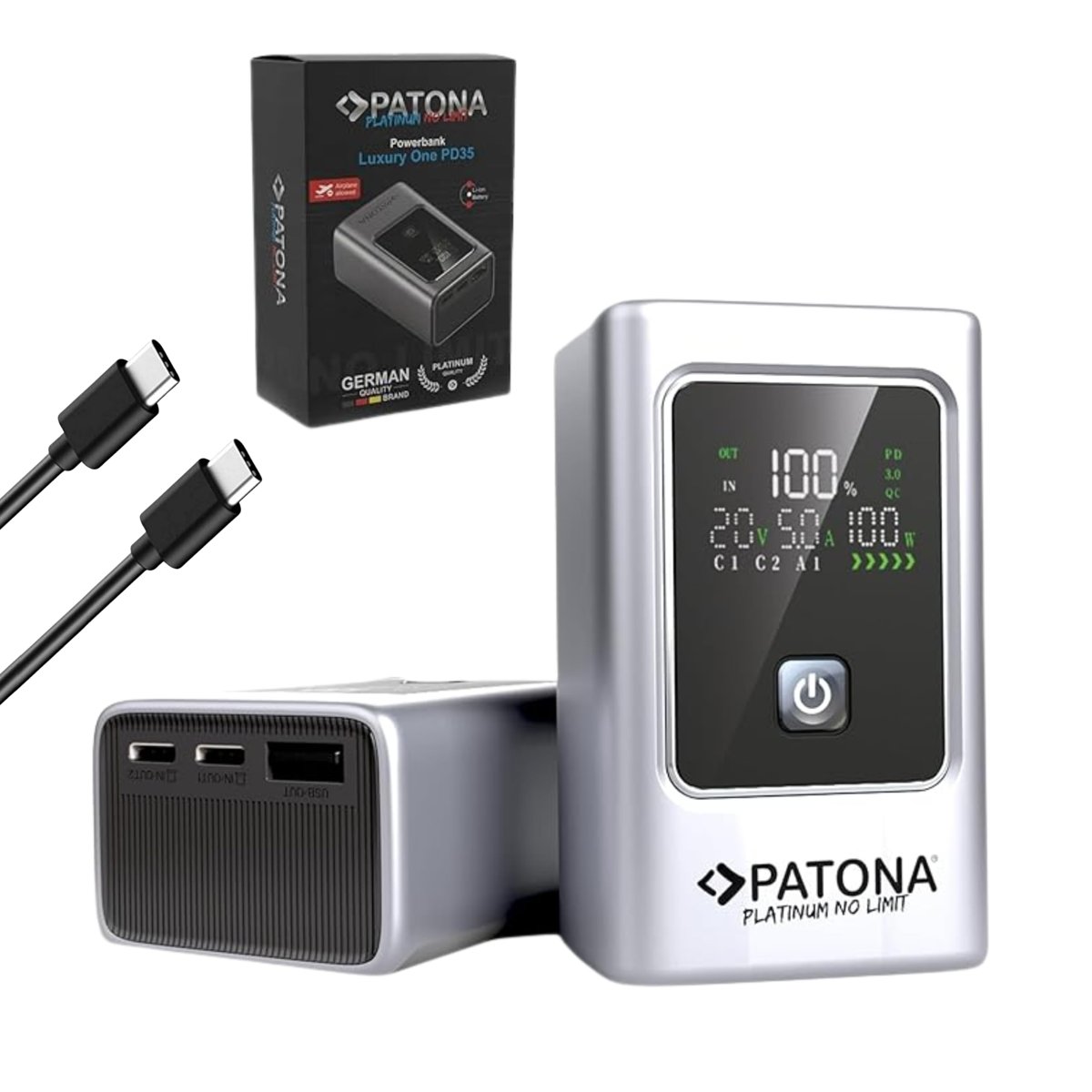 PATONA 4238 Platinum Powerbank, 10000mAh Taşınabilir Şarj Cihazı, 35W PD Hızlı Şarj, 2 USB-C ve 1 USB-A Portlu, LCD Ekranlı