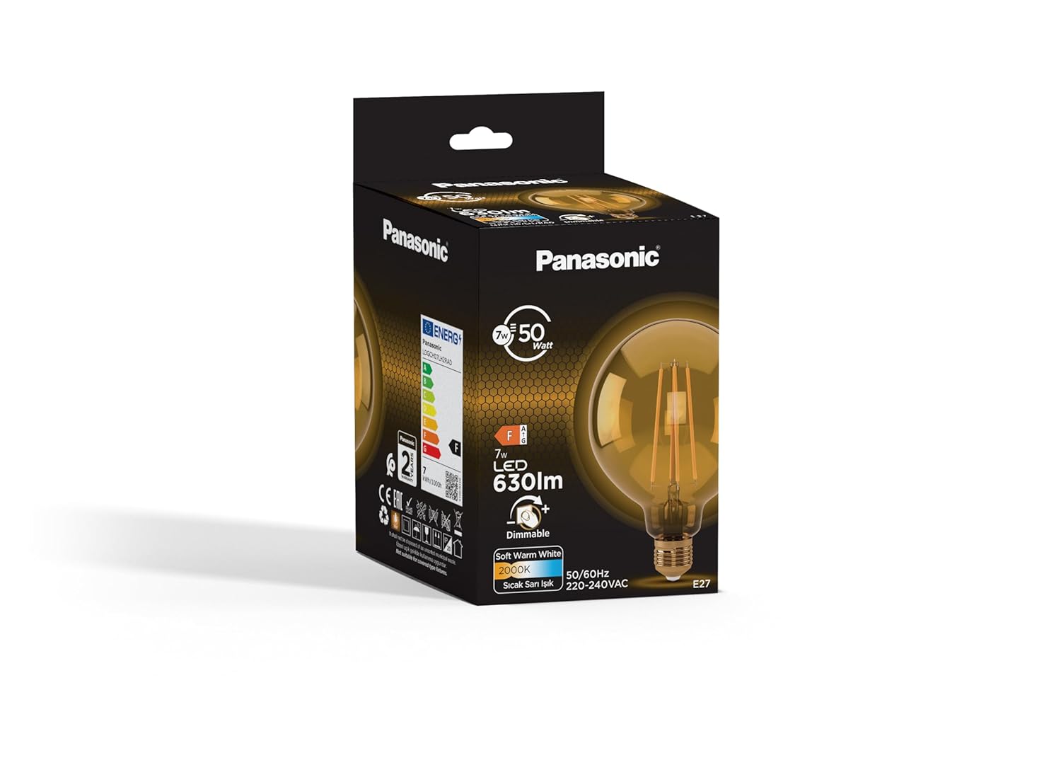 Panasonic E27 Dim Edilebilir Filaman G95 Lamba 7W 630LM 2000K Gold