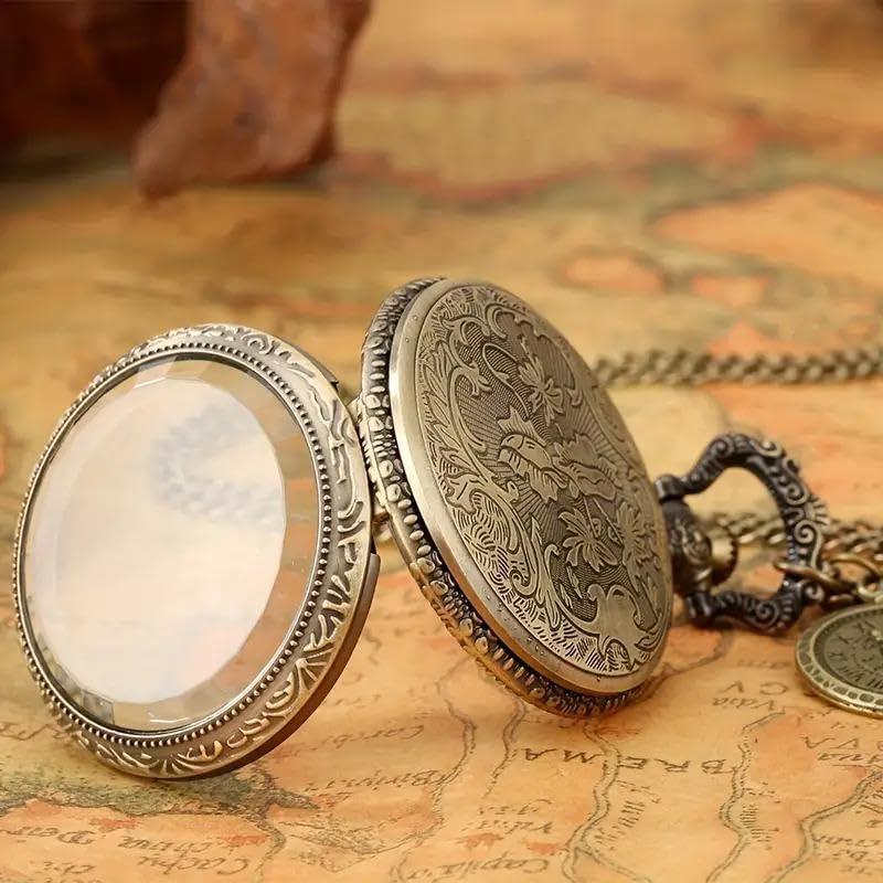 Valkyrie Vintage Antika Tasarım Renkli Roma Rakamlı Bakır Kasa Şeffaf Kapaklı Kuvars Cep Köstekli Saat