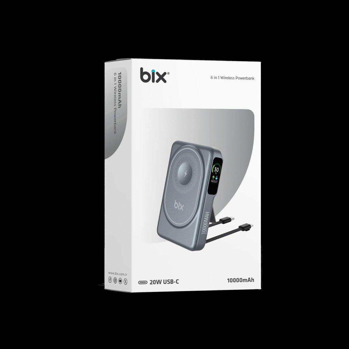 Bix TPB16 10000 mAh OLED Ekranlı Manyetik Kablosuz Powerbank 20W PD Hızlı Şarj ve 15W MagSafe Gri