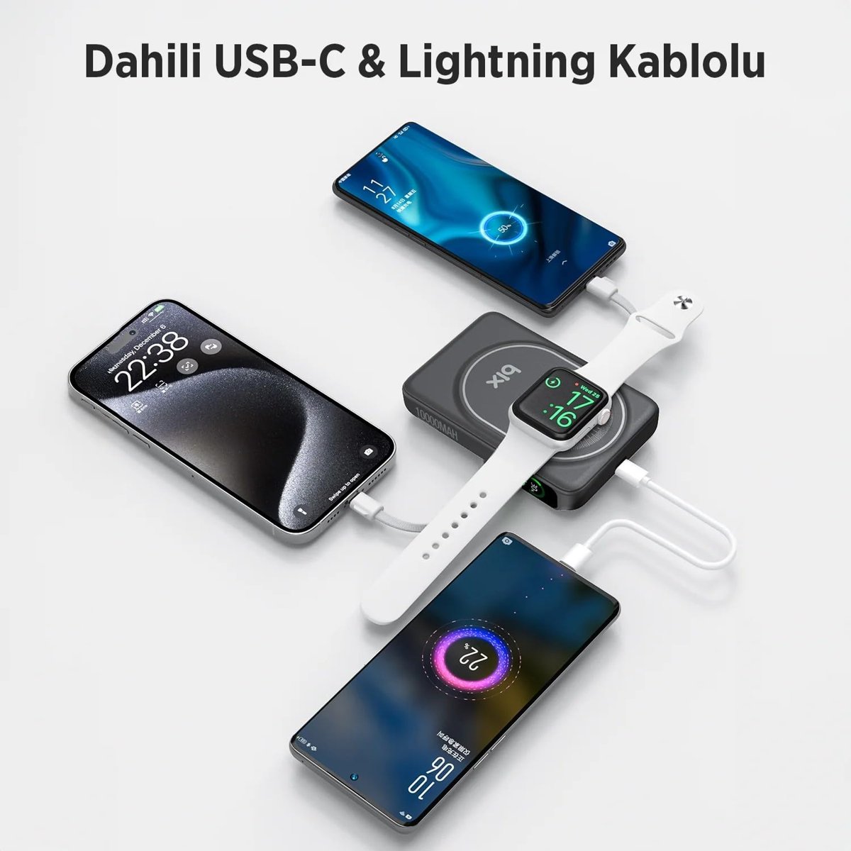 Bix TPB16 10000 mAh OLED Ekranlı Manyetik Kablosuz Powerbank 20W PD Hızlı Şarj ve 15W MagSafe Siyah