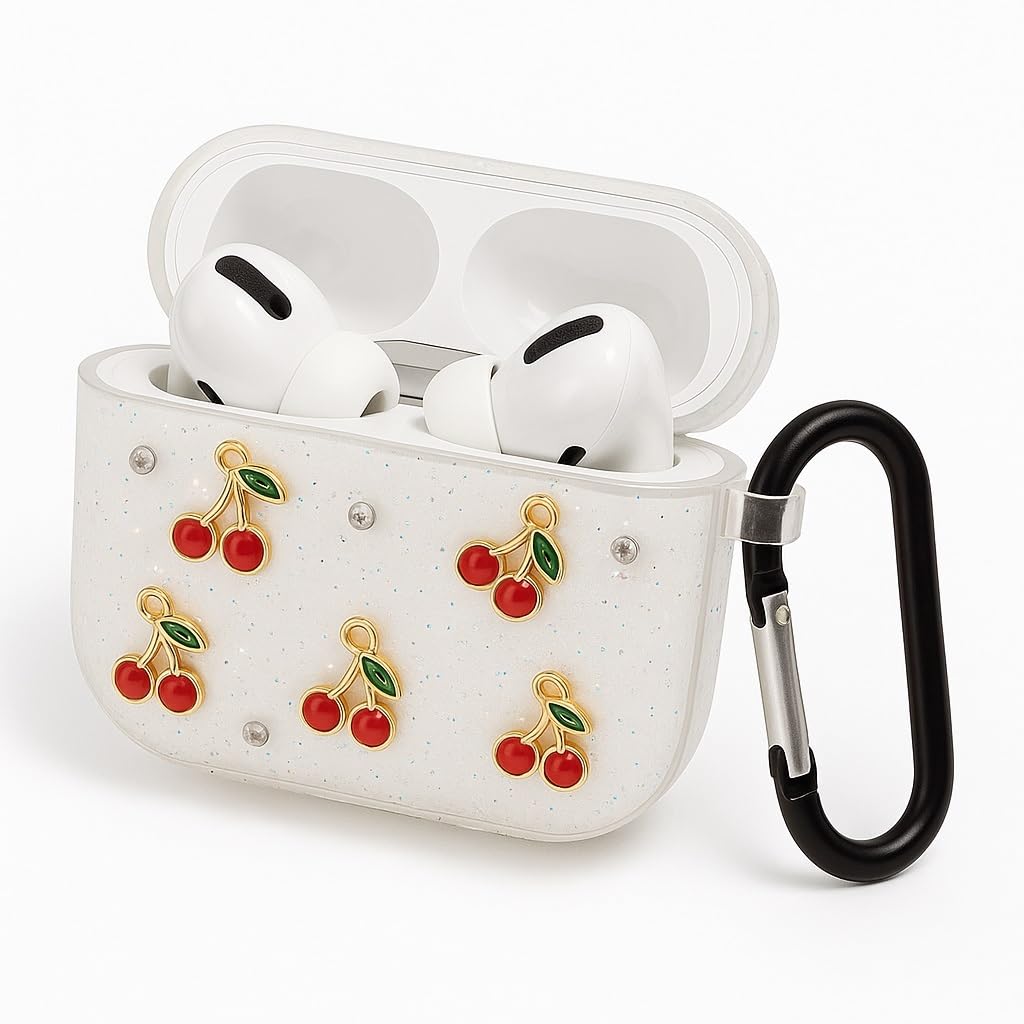 Coverzone AirPods 4. Nesil ile Uyumlu Glitter Silikon Kılıf Şeffaf Simli Koruyucu Kiraz Deseniyle Askı Aparatı Dahil Çanta Kolu ve Kemer Tokasına Takılabilir Şık Tasarım AirPods 4 için Kulaklık Kılıfı