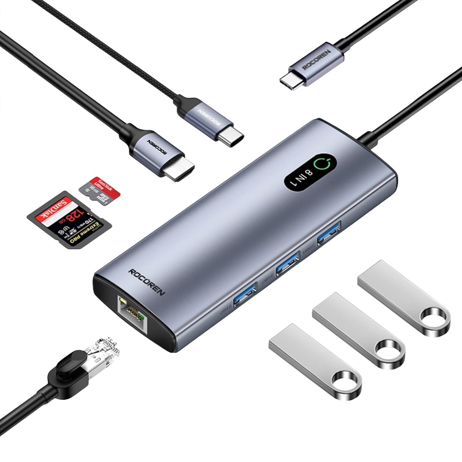 Rocoren 8 Portlu 4K 30Hz Gigabit Ethernet SD TF Kart Okuyuculu 3*USB3.0 PD 100W Destekli Hub Çoklayı