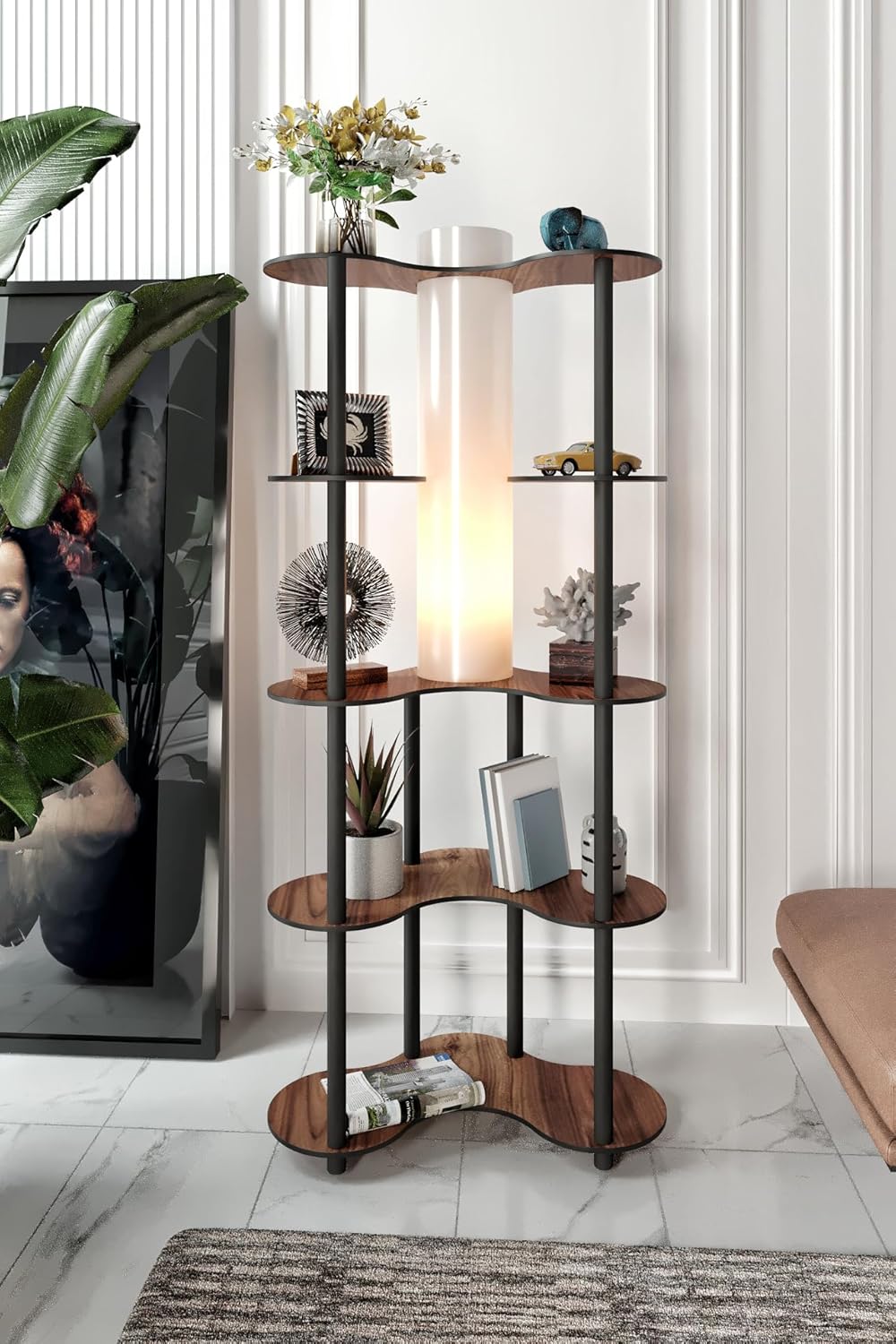 MARİPOSA Lambader – Ceviz Renkli Ahşap Görünümlü Şık Tasarım, Geniş Taban Yüzeyi (65x36 cm), 150 cm Yükseklik, E27 Duy Uyumlu, LED Ampul ile Kullanılabilir, Modern ve Kolay Kurulumlu Lambader