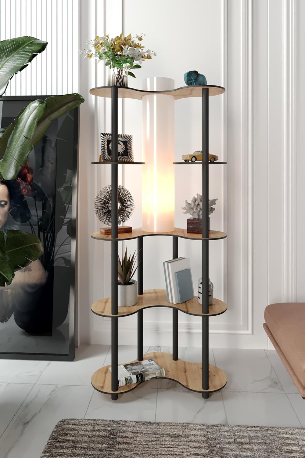 MARİPOSA Lambader Meşe – Doğal Ahşap Görünümlü Gövde, Modern ve Minimalist Tasarım, Geniş Taban Yüzeyi (65x36 cm), 150 cm Yükseklik, E27 Duy Uyumlu, LED Ampul ile Kullanılabilir, Kolay Kurulumlu Dekor