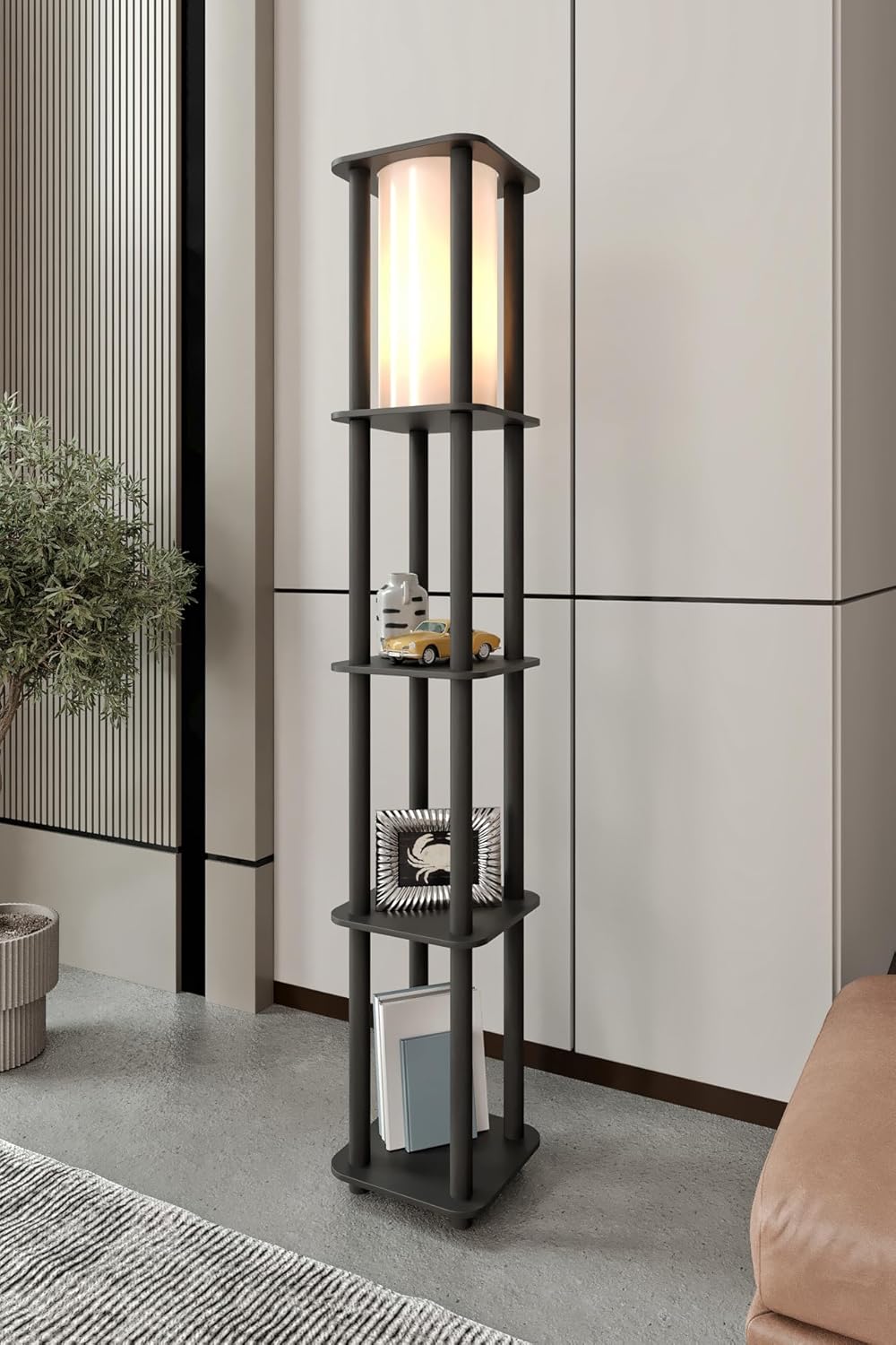 ESTANTES Kare Lambader – Fonksiyonel 3 Raflı Ahşap Gövde, 24x24 cm Kare Taban, 140 cm Yükseklik, E27 Duy Tipi Uyumlu, LED Ampul ile Kullanılabilir, Göz Yormayan Işık (Black)