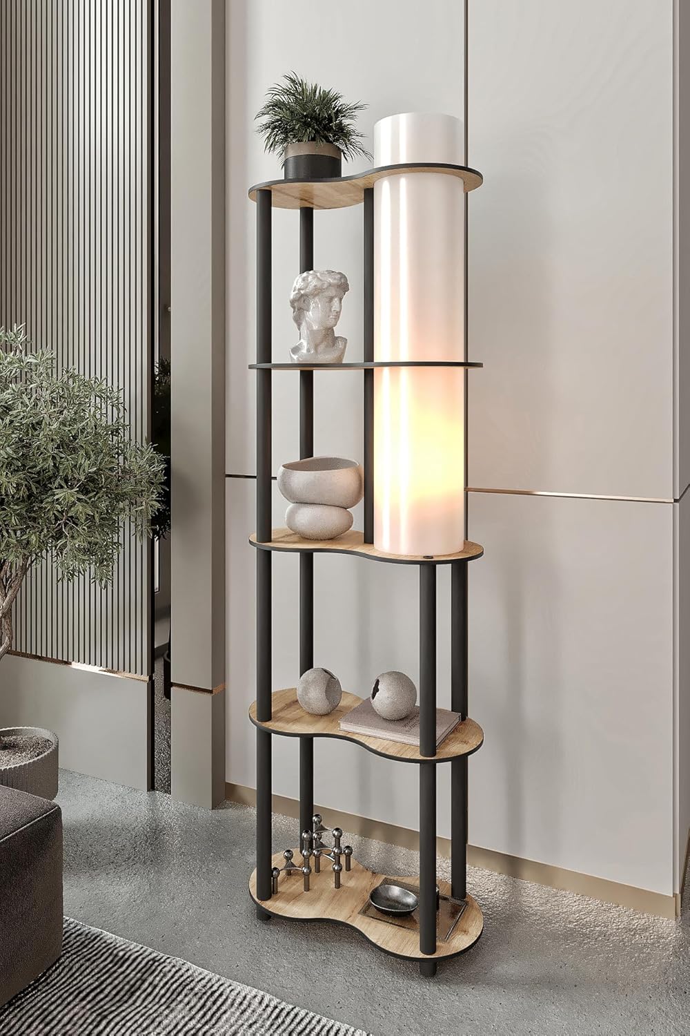 SPERENZA Lambader Ceviz – Doğal Ahşap Görünümlü Modern Gövde, 145 cm Yükseklik, Geniş Tabanlı Tasarım (24x48 cm), E27 Duy Tipi Uyumlu, LED Ampul ile Kullanılabilir, Göz Yormayan Işık (Mese)