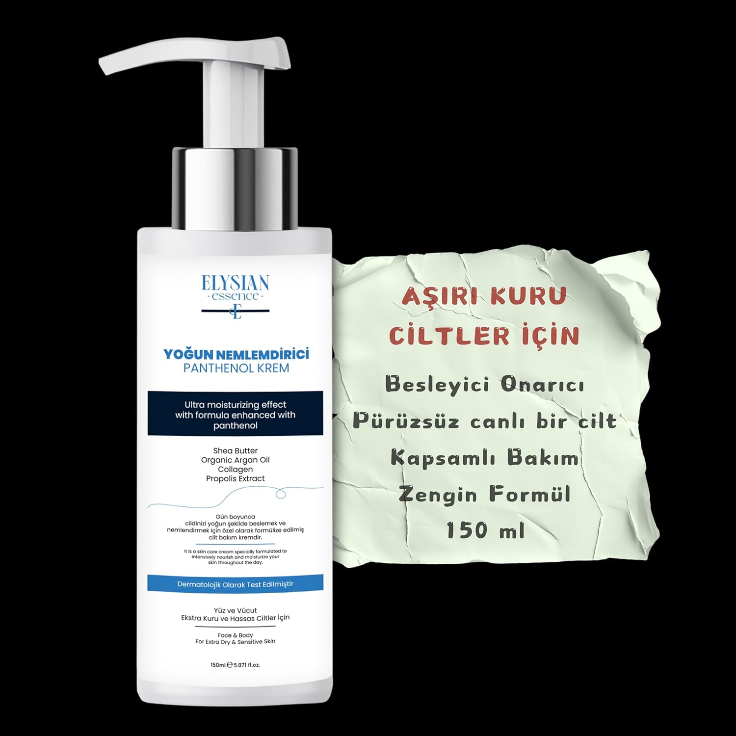 Elysian Essence Yoğun Nemlendirici Panthenol Yüz ve Vücut Kremi 150 ML | Kuru ve Hassas Ciltlere 24 Saat Bakım - Organik Argan Yağı, Shea Butter Yağı, Propolis ve Collagen İçerikli