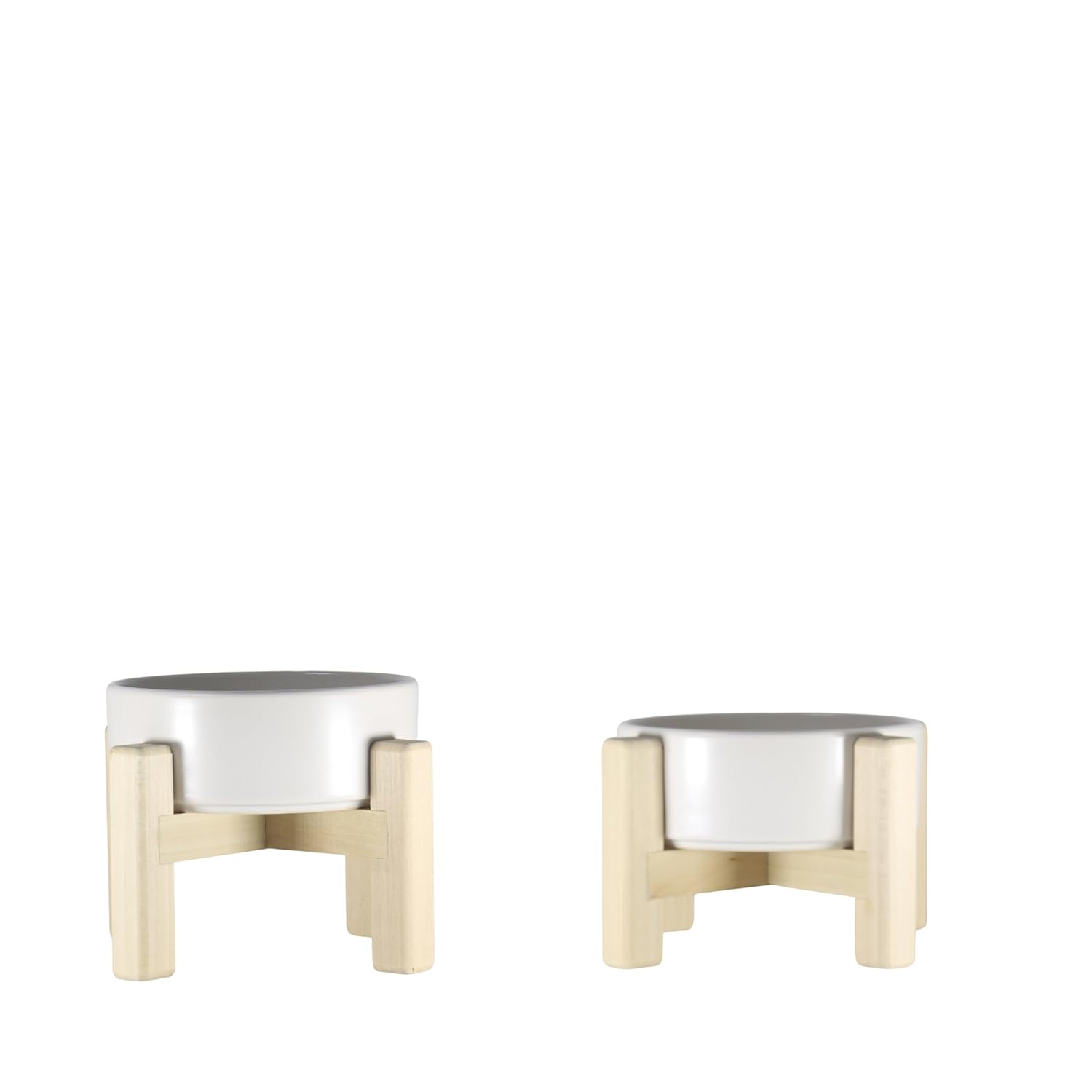 Ahşap Standlı Çift Taraflı Seramik Mama ve Su Kabı | Evcil Hayvanlar İçin Sağlıklı Beslenme ve su kabı kedi ve köpekler (Beyaz)