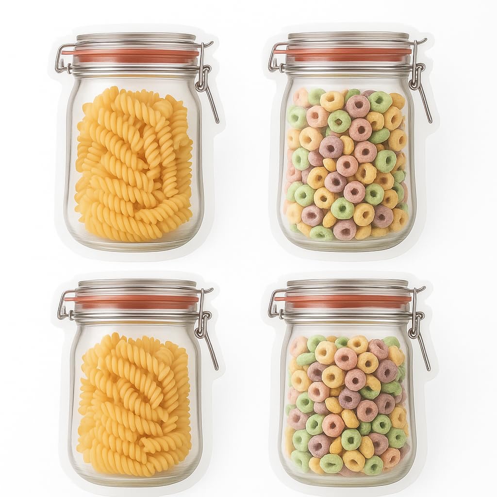 SUWORS 4'lü Kilitli Saklama Poşeti, Kavanoz Görünümlü | 500 ML | Gıda Saklama, Baharat, Kurabiye, Makarna, Atıştırmalık İçin Uygun | PE Malzeme | Zararlı Kimyasal İçermez