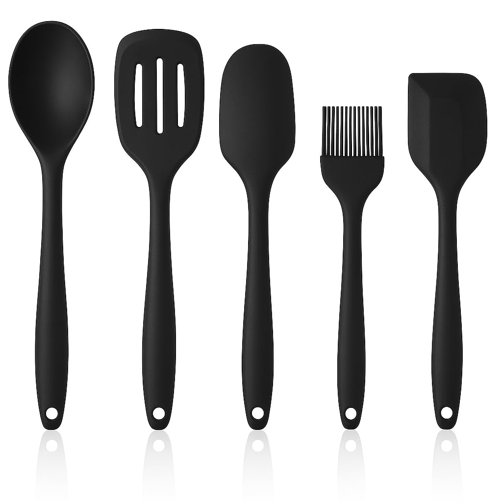 SUWORS 5'li Silikon Mutfak Seti – Kaşık, Kepçe, Spatula, Yağ Fırçası | Renkli Pişirme Seti | Isıya Dayanıklı | Mutfak Gereçleri (Renk Stok Durumuna Göre Gönderilir)