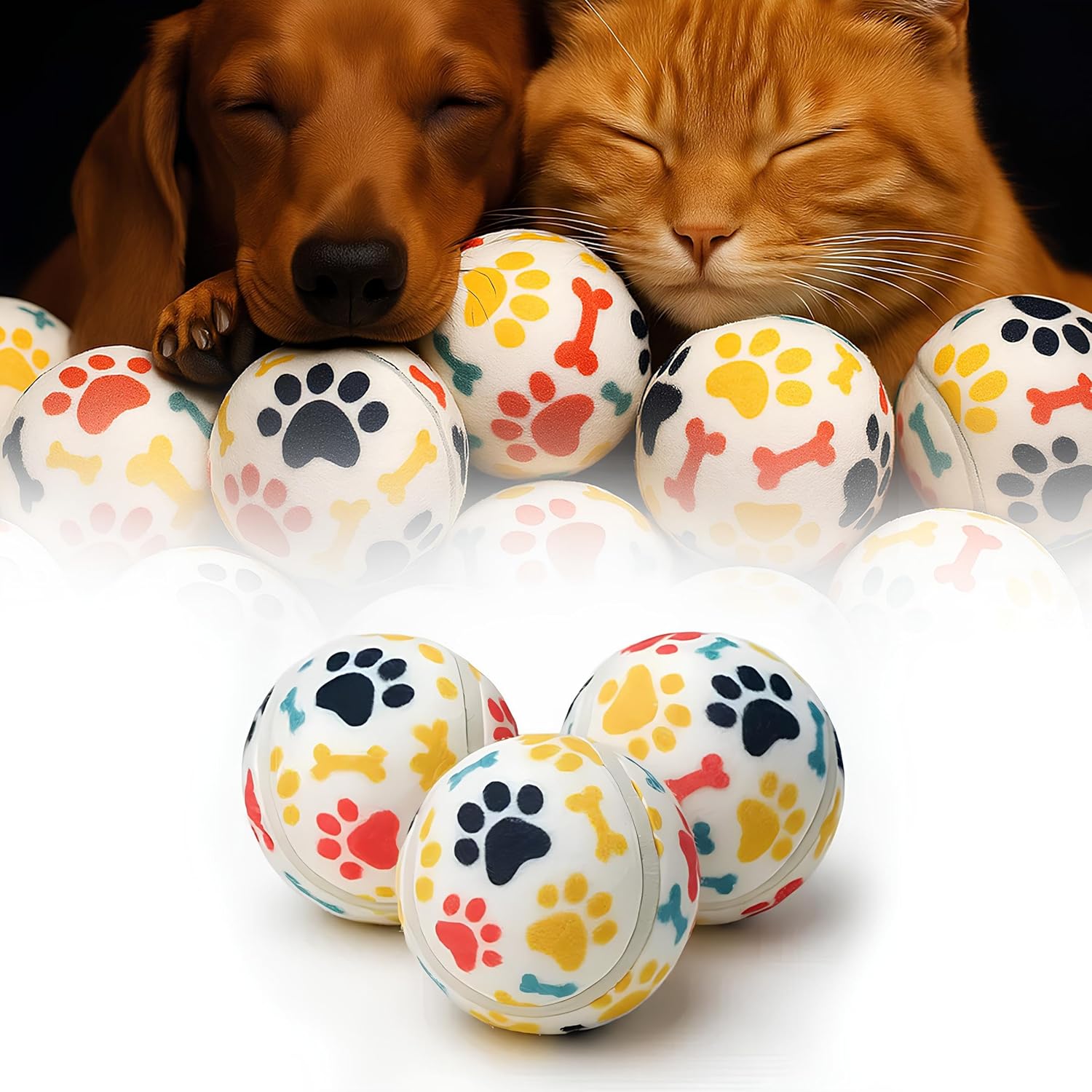 Kanji 3'lü Kedi Köpek Tenis Topu | 6.5 cm Orta Boy Renkli Pati Desenli Dayanıklı Oyuncak | Diş Dostu, Suda Batmaz, Eğitim ve Oyun Topu | Beyaz Zemin, İç-Dış Mekan Uygun