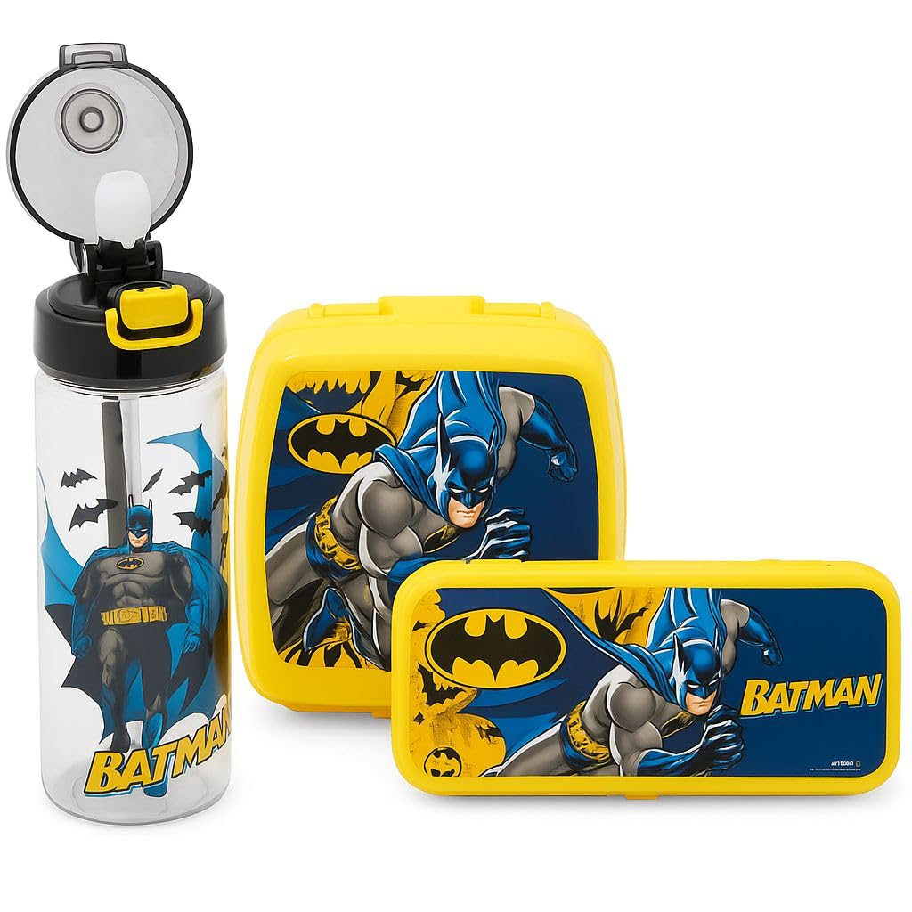 Efe Mark Batman Lisanslı Okul Seti; 500 ml Matara, Beslenme Kutusu, Kalem Kutusu