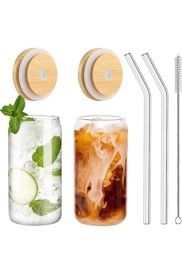 Cam İçecek Bardağı Seti, Bambu Kapaklı, 2 Adet Cam Pipet ve Temizleme Fırçası ile