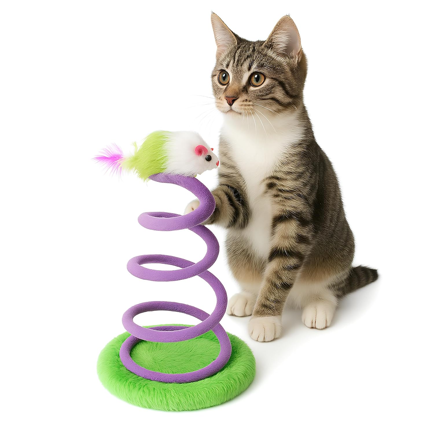 Kanji Yaylı Tüylü Fareli Hacıyatmaz Kedi Oyuncağı – Interaktif Zıplayan Kedi Eğlence Oyuncağı (Renkli)