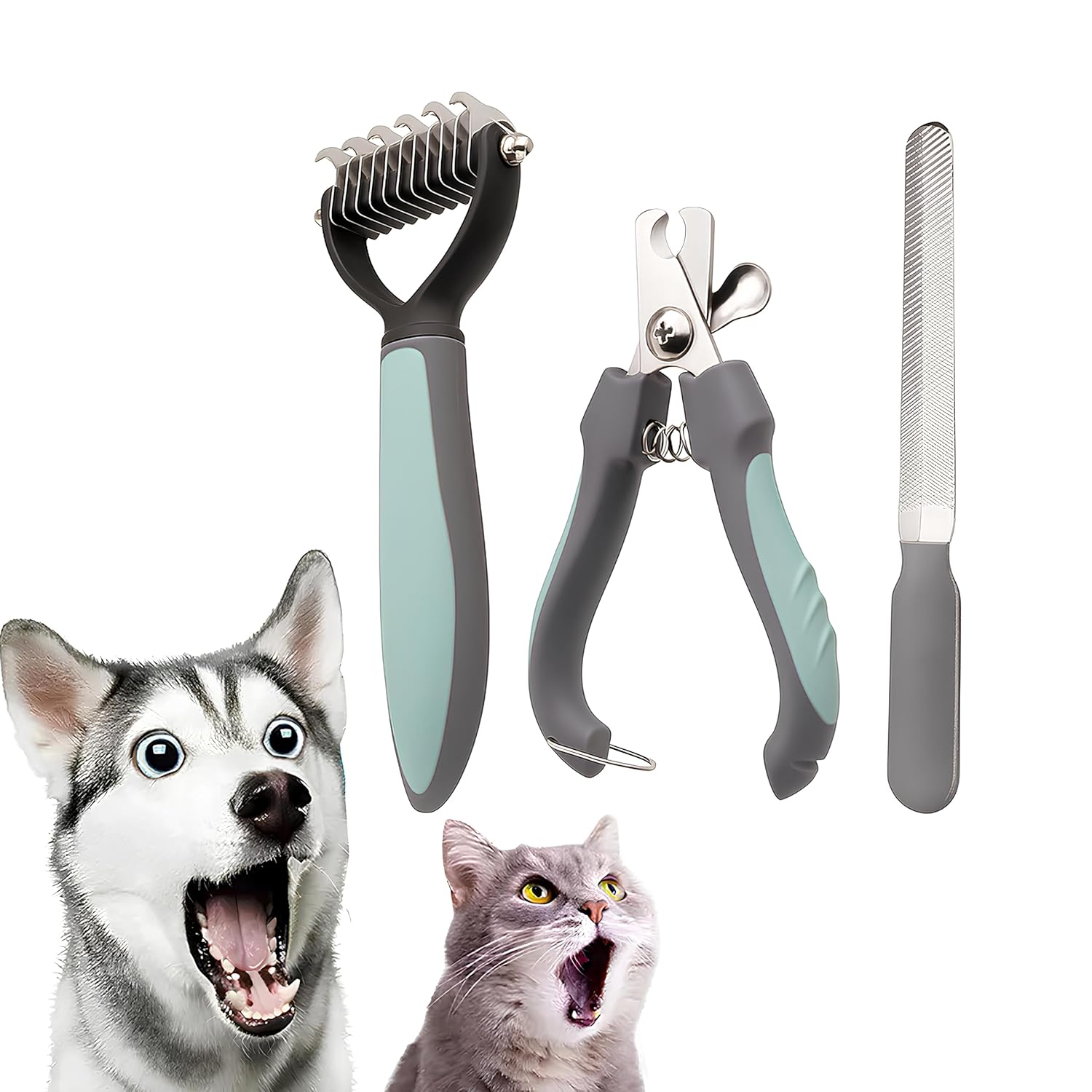 Kanji Premium Pet Bakım Seti – Kedi Köpek Tırnak Makası, Tırnak Törpüsü ve Çift Taraflı Tüy Açıcı Tarak | Paslanmaz Çelik, Ergonomik Saplı 3’lü Evcil Hayvan Tımar Kiti