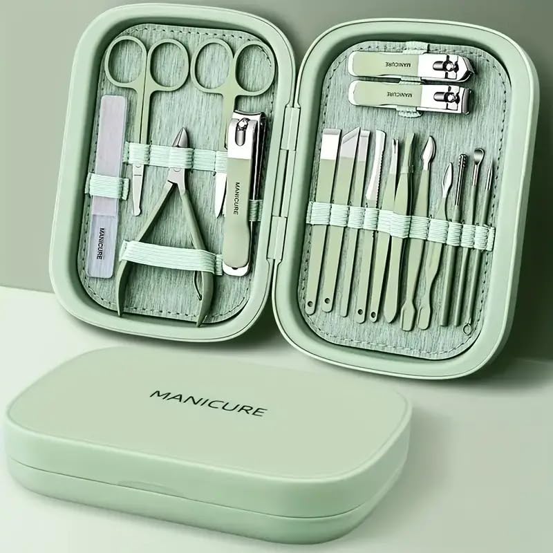 18 Parça Su Yeşili, Mıknatıslı Özel Kutuda Cam Törpülü Paslanmaz Çelik Manikür Pedikür Bakım Seti