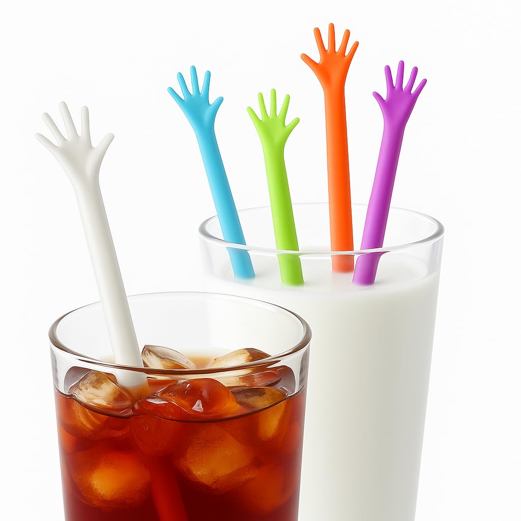 6'lı Renkli El Şeklinde Karıştırıcı Çubuklar, Plastik Bardak Süsü, 6 Adet, Çok Renkli