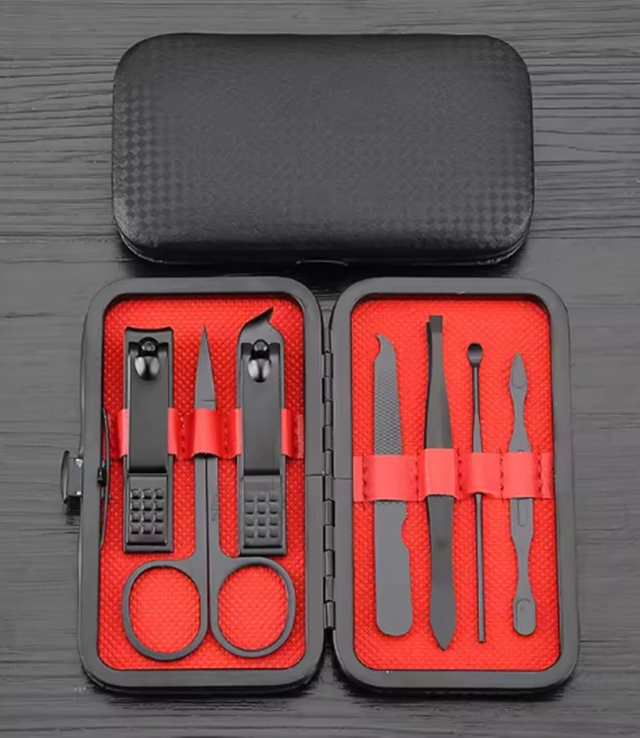 7 Parça Profesyonel Manikür Pedikür Seti, Siyah Taşıma Çantalı, Kırmızı İç Tasarım
