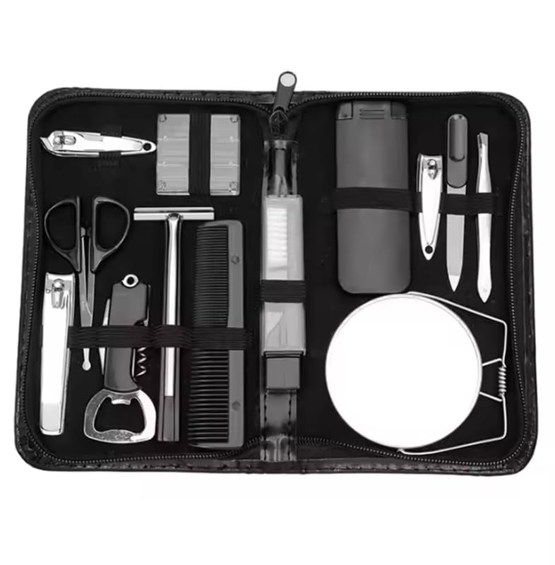 Erkek İçin 13'lü Seyahat Boy Deri Çantalı Bakım Set Tırnak Makas-Cımbız-Ayna-Törpü-Jilet-Makas