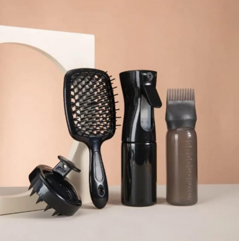 4'lü Saç Bakım Seti, Sprey Şişesi, Bakım Yağı Uygulama Şişesi, Masaj Tarağı ve Hollow Tarak, Siyah