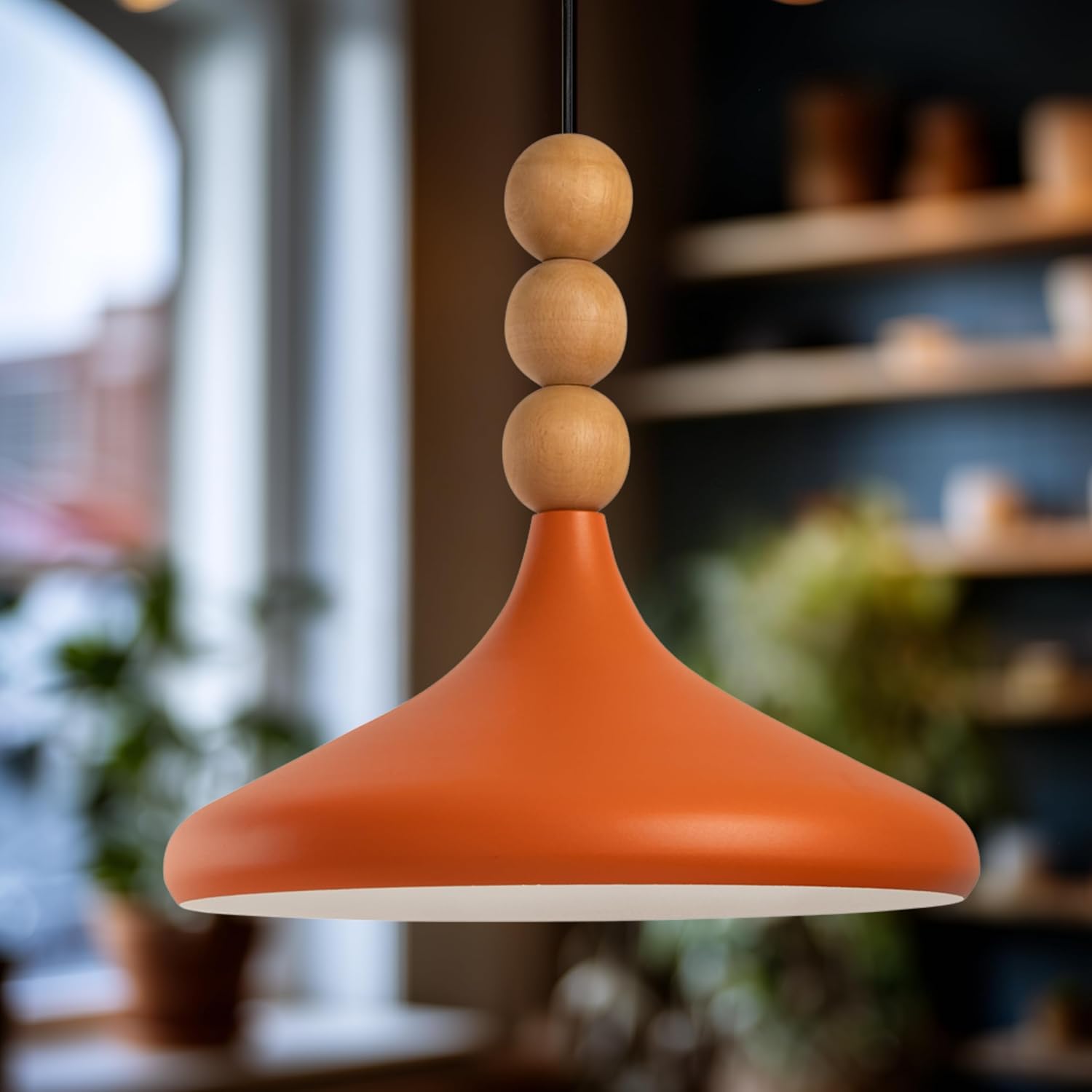 Stella Tekli Ahşap Boncuk Detaylı Sarkıt Aydınlatma, Metal Sıvama, Ev, Ofis, Cafe, Restoran Avizeleri, E27 Duy (Turuncu)