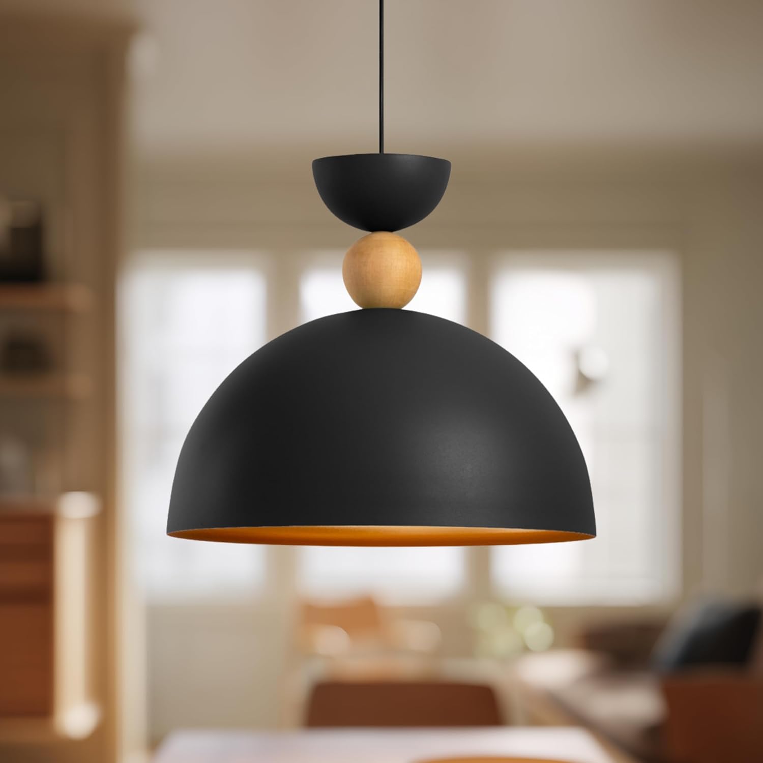 Stellara Ahşap Boncuk Detaylı Tekli Sarkıt Aydınlatma, Metal Sıvama, Ev, Ofis, Cafe, Restoran Avizeleri, E27 Duy (Siyah-Gold)