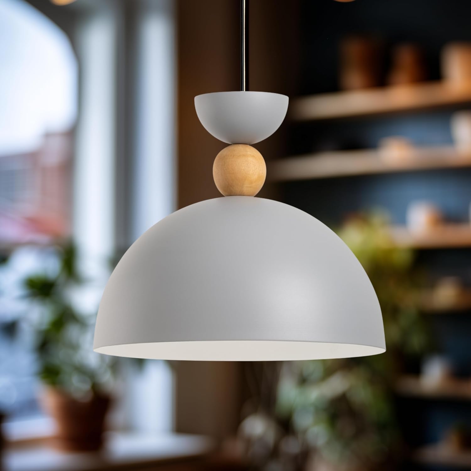 Stellara Ahşap Boncuk Detaylı Tekli Sarkıt Aydınlatma, Metal Sıvama, Ev, Ofis, Cafe, Restoran Avizeleri, E27 Duy (Gri)