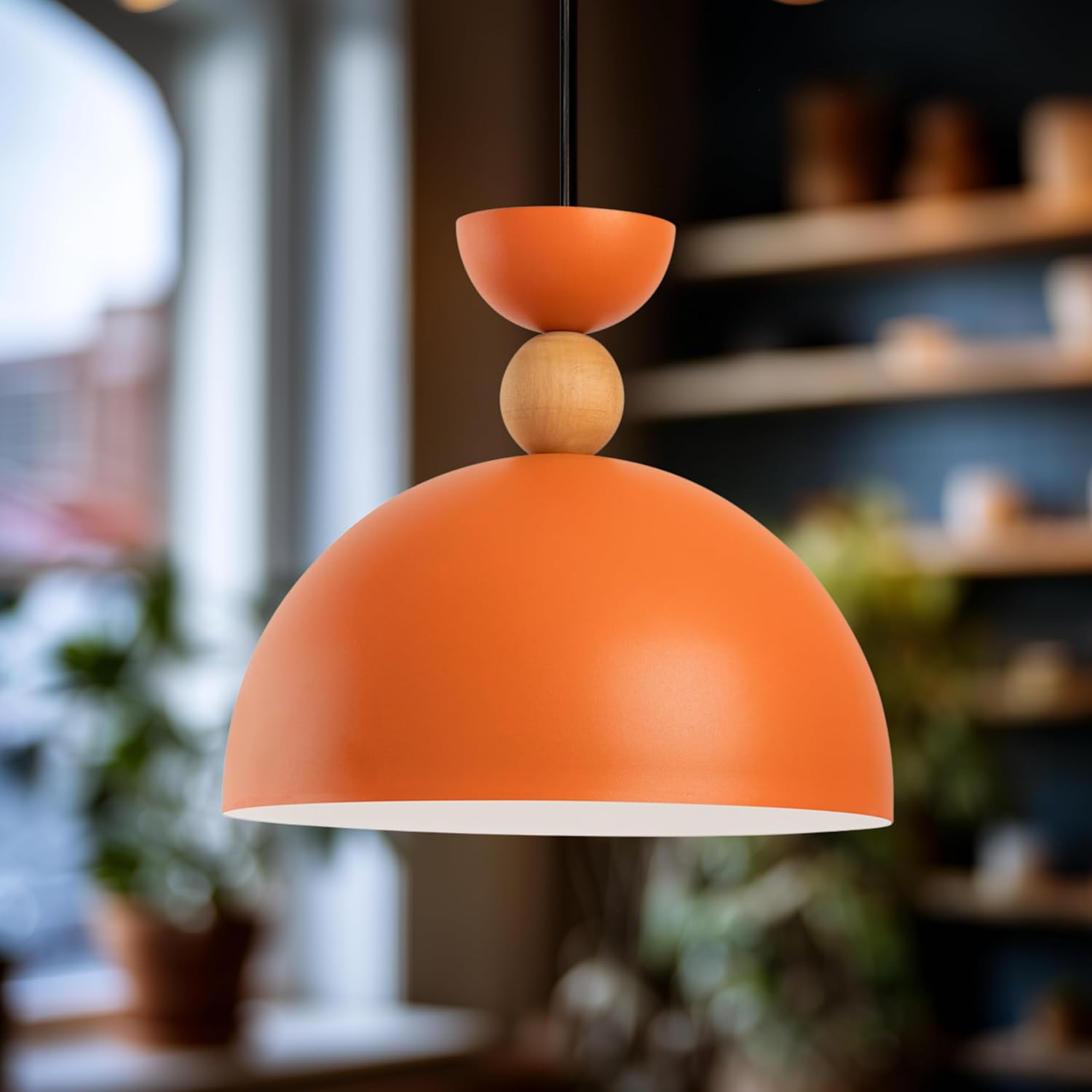 Stellara Ahşap Boncuk Detaylı Tekli Sarkıt Aydınlatma, Metal Sıvama, Ev, Ofis, Cafe, Restoran Avizeleri, E27 Duy (Turuncu)